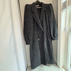 Vintage NY Girl (NYG) Tweed Textured Wool Trench Coat 8 Black Grey Pink 80s 90s